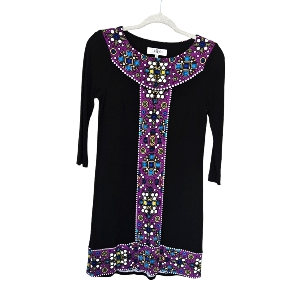 Tibi black boat neck purple geometric jewel print shift dress size XS
